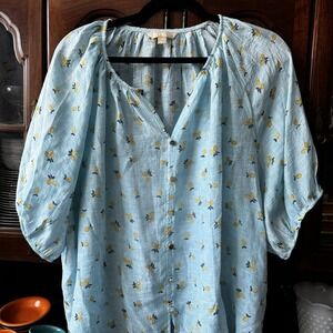Hope &‎ Harlow Women's Light Blue Tie Waist Blouse W/Lemons Balloon Sleeves 2XL
